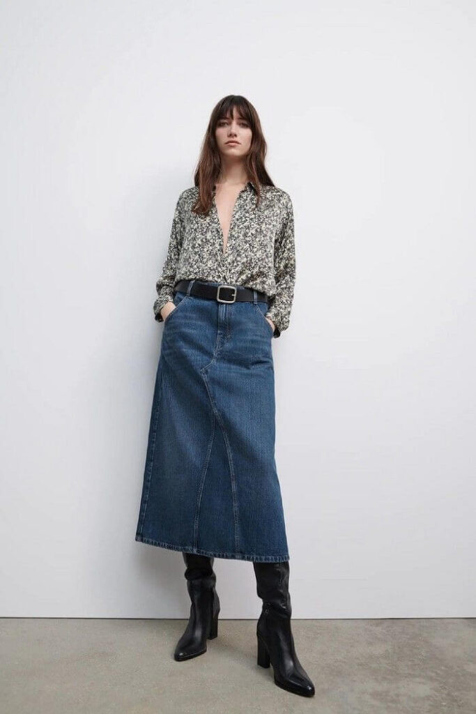 стильный образ с юбкой миди из джинса